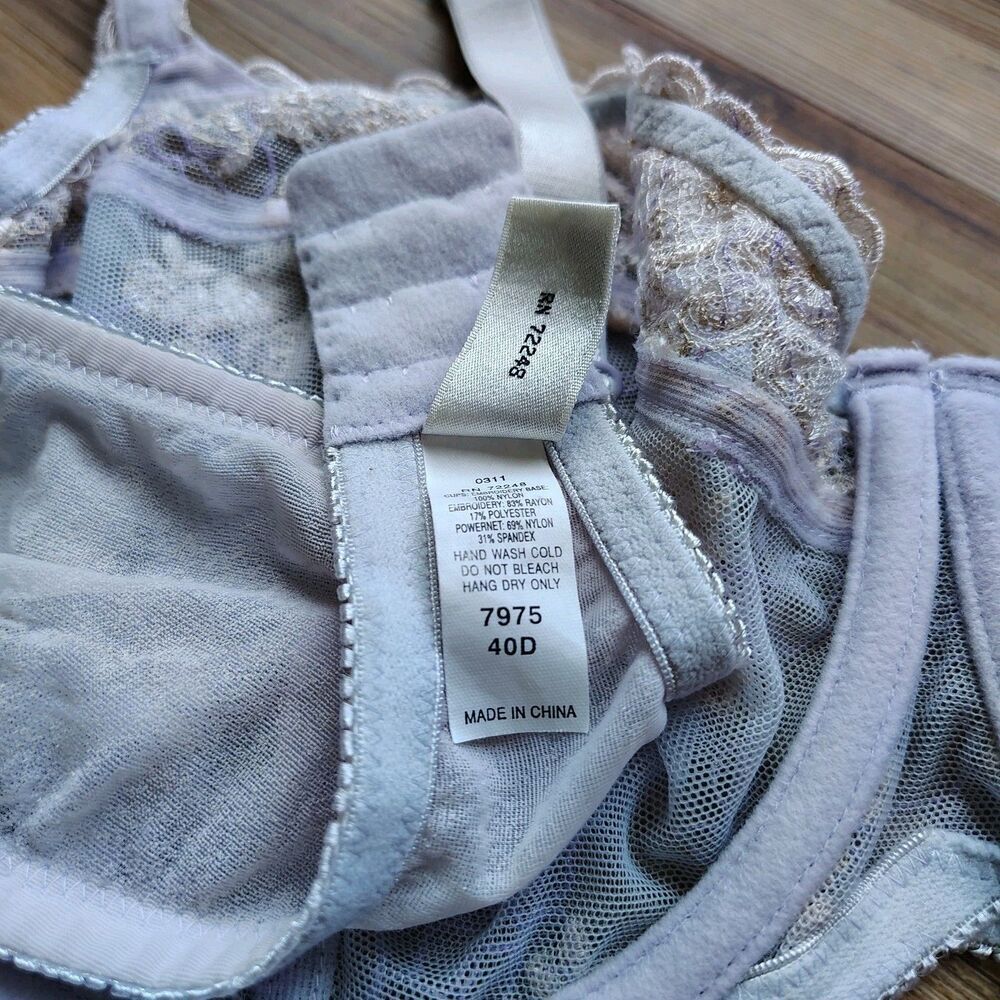 Felina 40D Bra Lavender Floral Lace Embroidered Sheer Underwire Coquette Fairy - Picture 8 of 8